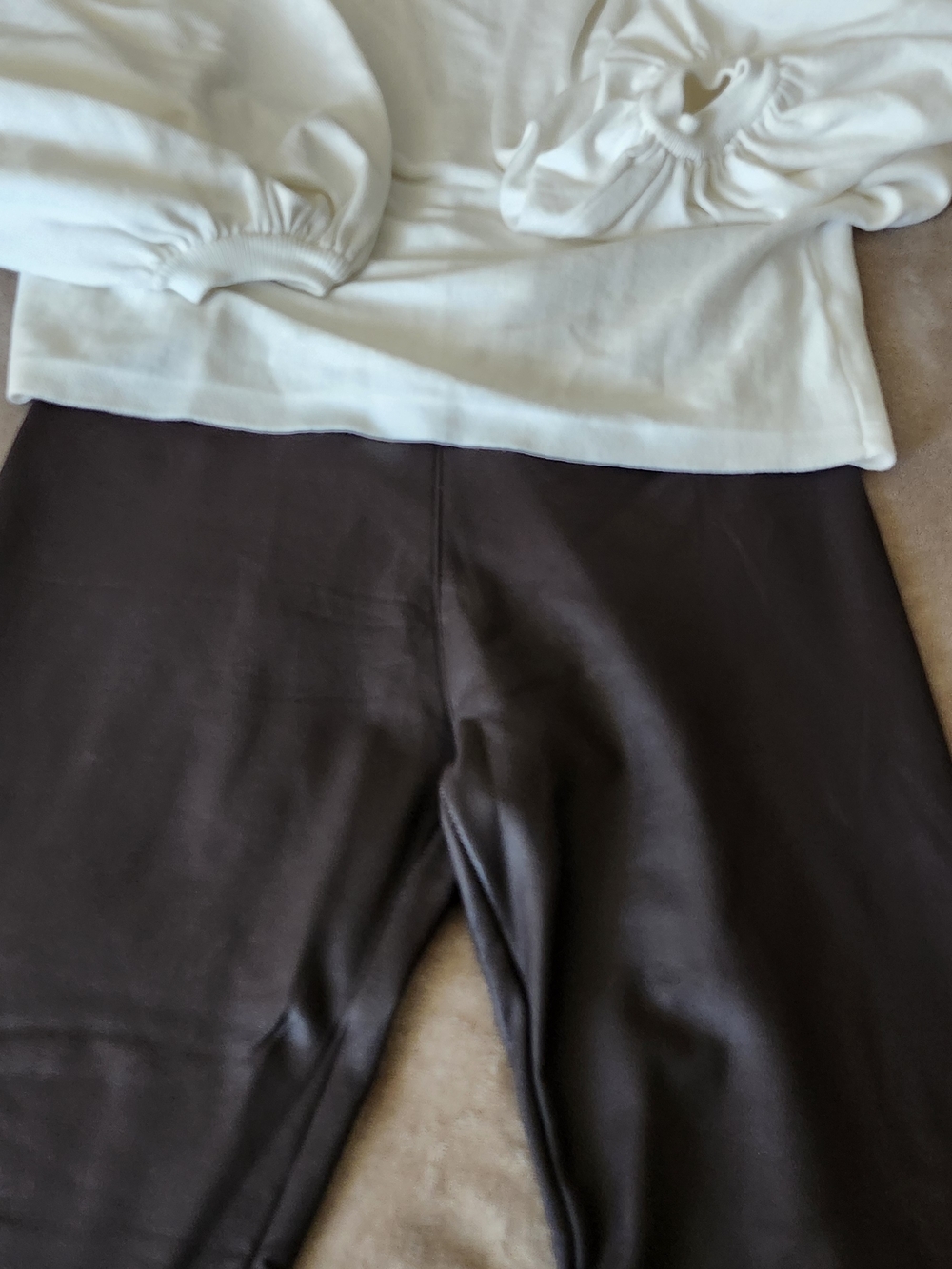 White Puff Sleeve Top with Dark Brown Faux Leather Leggings